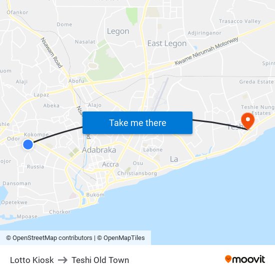 Lotto Kiosk to Teshi Old Town map