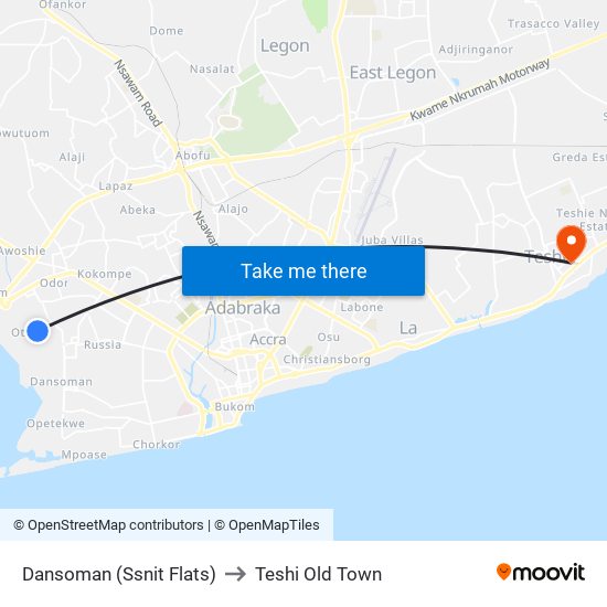 Dansoman (Ssnit Flats) to Teshi Old Town map