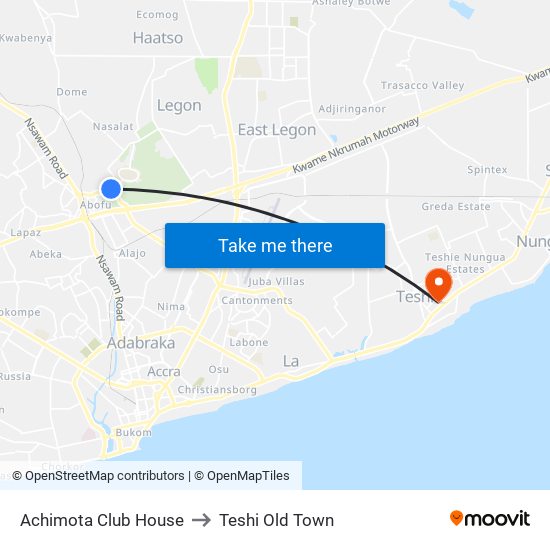 Achimota Club House to Teshi Old Town map