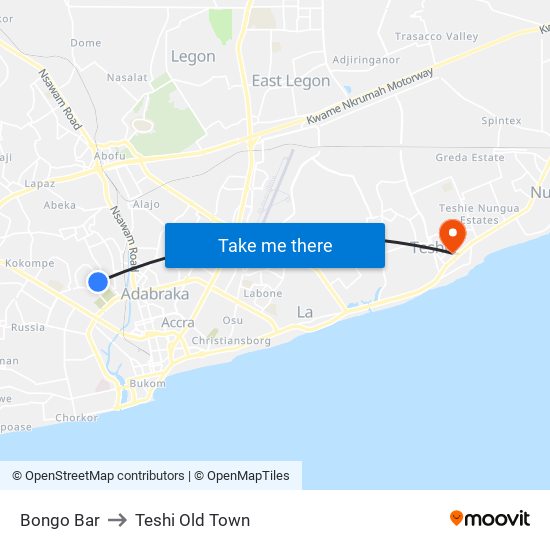 Bongo Bar to Teshi Old Town map