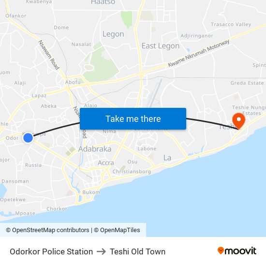 Odorkor Police Station to Teshi Old Town map