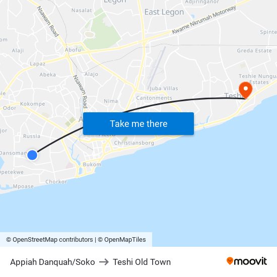 Appiah Danquah/Soko to Teshi Old Town map