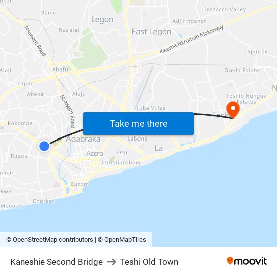 Kaneshie Second Bridge to Teshi Old Town map