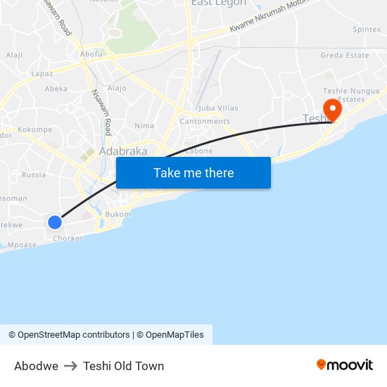 Abodwe to Teshi Old Town map