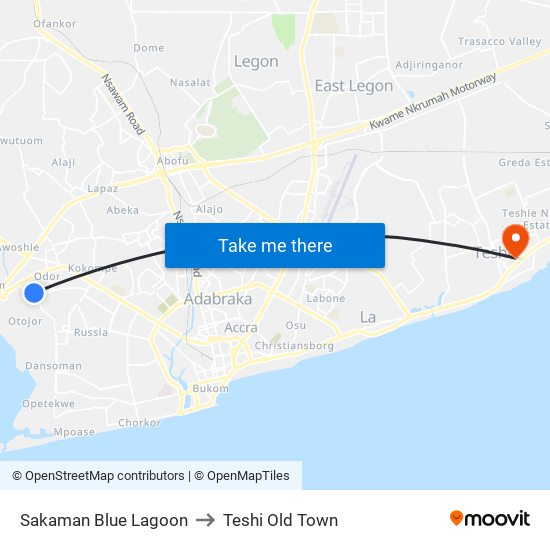 Sakaman Blue Lagoon to Teshi Old Town map