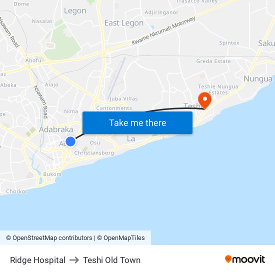 Ridge Hospital to Teshi Old Town map