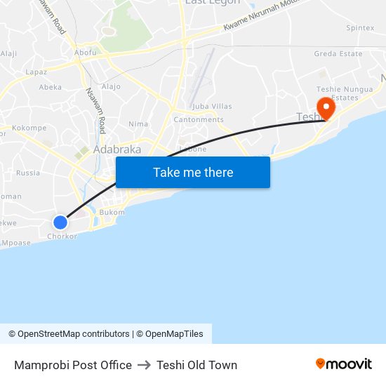 Mamprobi Post Office to Teshi Old Town map