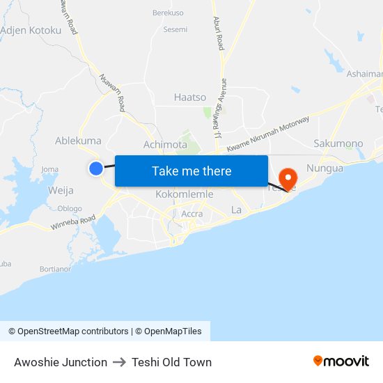 Awoshie Junction to Teshi Old Town map