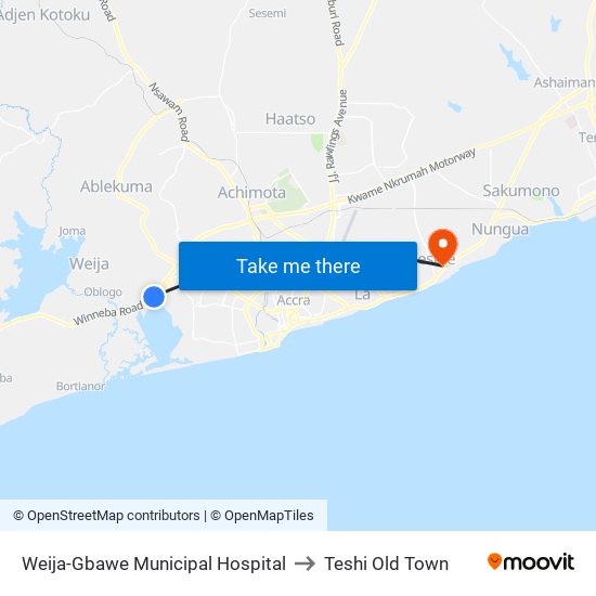 Weija-Gbawe Municipal Hospital to Teshi Old Town map