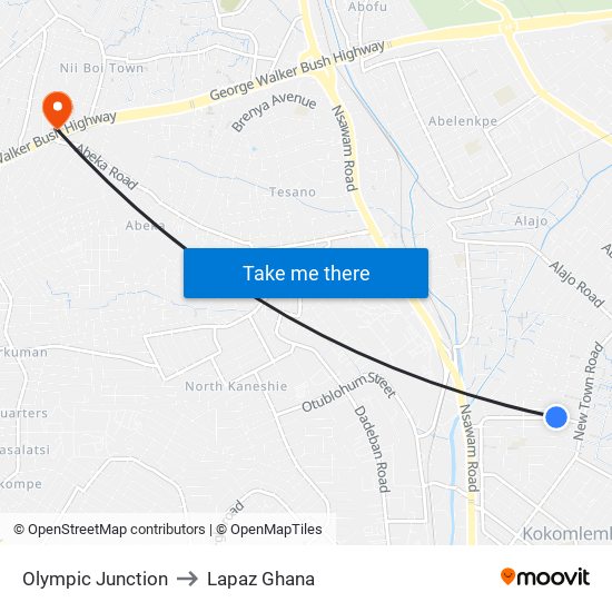 Olympic Junction to Lapaz Ghana map