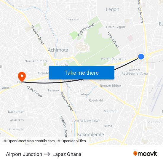 Airport Junction to Lapaz Ghana map