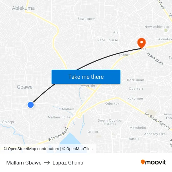 Mallam Gbawe to Lapaz Ghana map