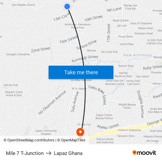 Mile 7 T-Junction to Lapaz Ghana map