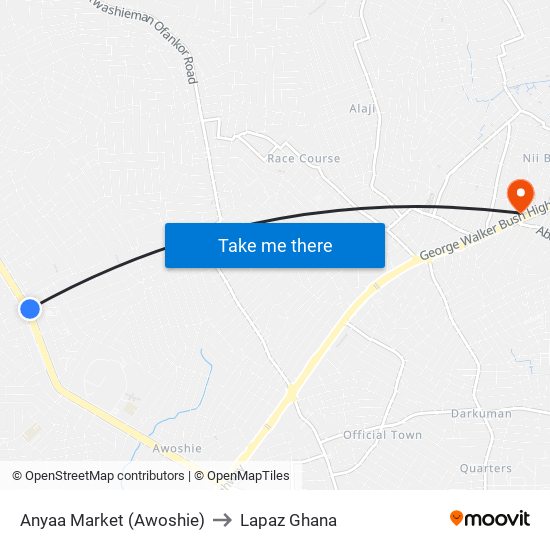 Anyaa Market (Awoshie) to Lapaz Ghana map