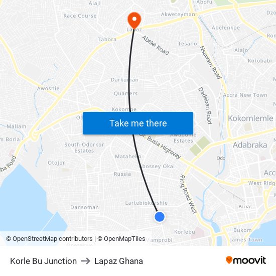 Korle Bu Junction to Lapaz Ghana map