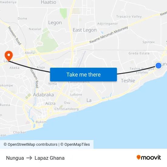 Nungua to Lapaz Ghana map