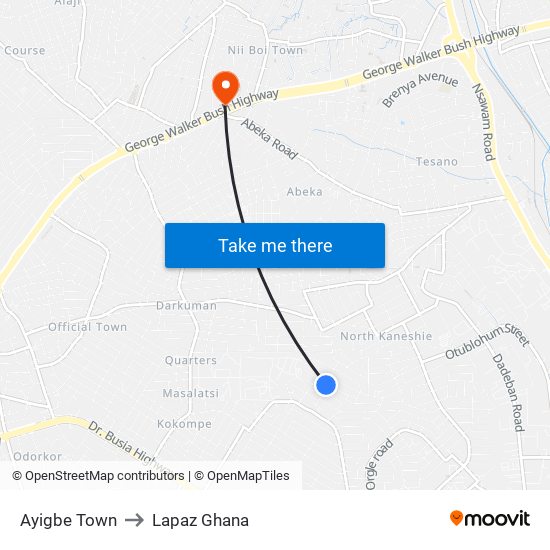 Ayigbe Town to Lapaz Ghana map