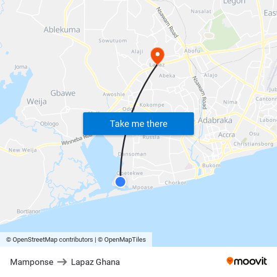 Mamponse to Lapaz Ghana map