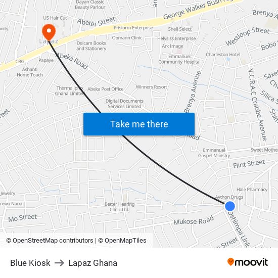 Blue Kiosk to Lapaz Ghana map
