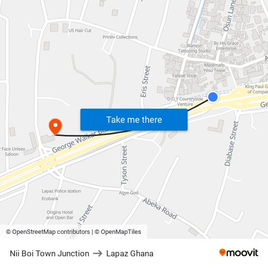 Nii Boi Town Junction to Lapaz Ghana map