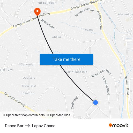 Dance Bar to Lapaz Ghana map