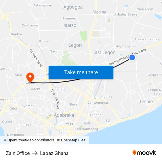 Zain Office to Lapaz Ghana map
