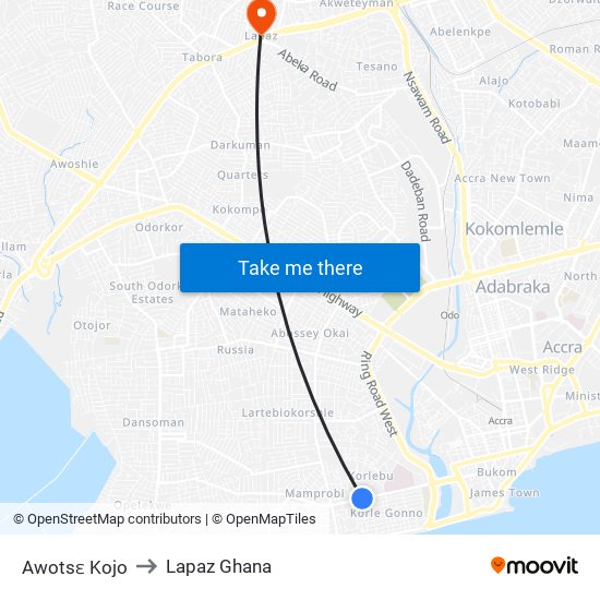 Awotsɛ Kojo to Lapaz Ghana map