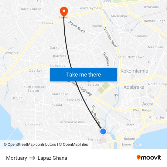 Mortuary to Lapaz Ghana map