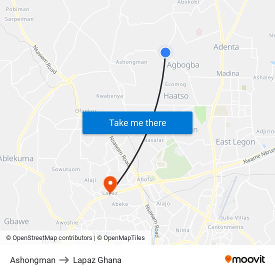 Ashongman to Lapaz Ghana map