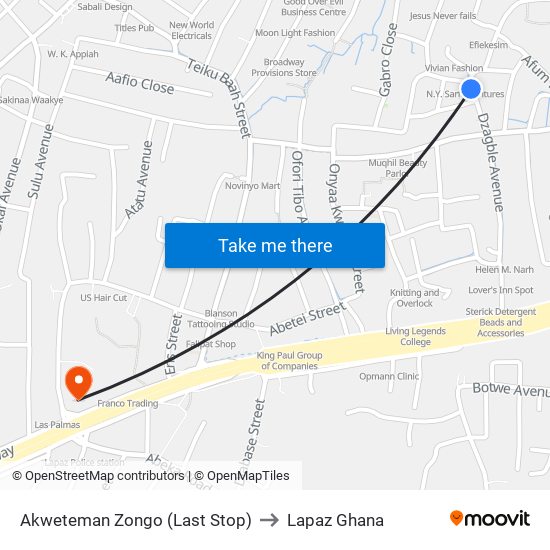 Akweteman Zongo (Last Stop) to Lapaz Ghana map