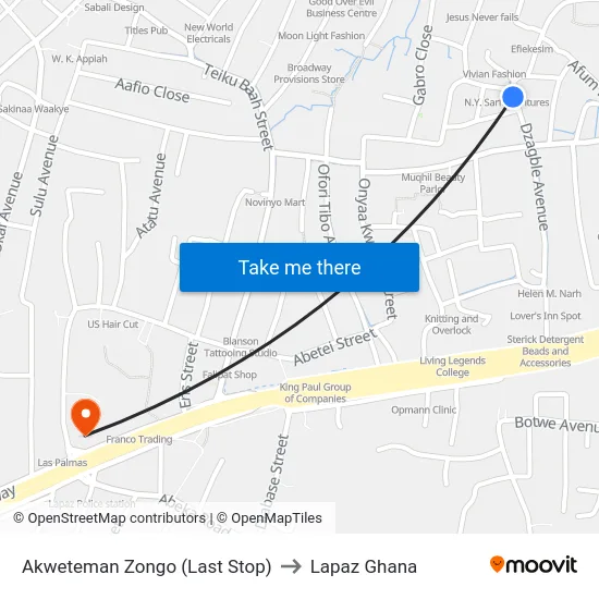 Akweteman Zongo (Last Stop) to Lapaz Ghana map