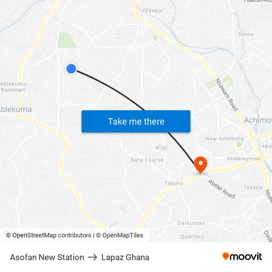Asofan New Station to Lapaz Ghana map