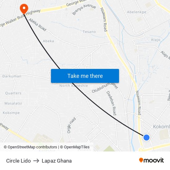 Circle Lido to Lapaz Ghana map