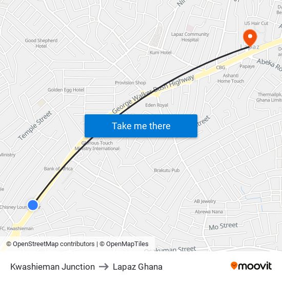 Kwashieman Junction to Lapaz Ghana map
