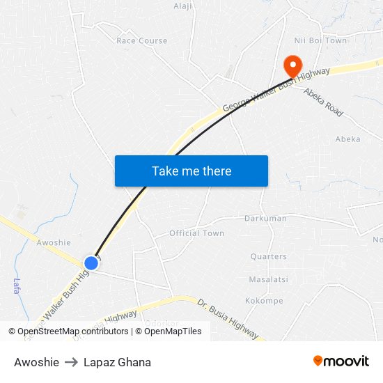 Awoshie to Lapaz Ghana map