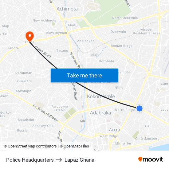 Police Headquarters to Lapaz Ghana map