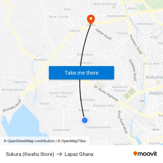 Sukura (Kwahu Store) to Lapaz Ghana map