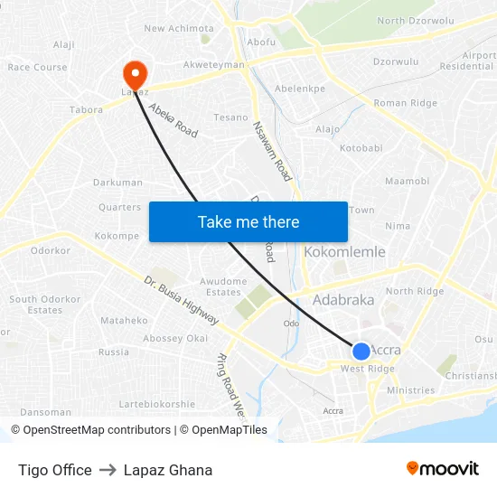 Tigo Office to Lapaz Ghana map
