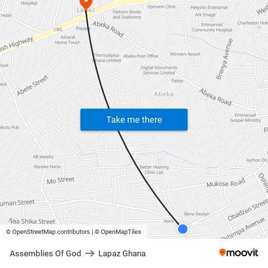 Assemblies Of God to Lapaz Ghana map