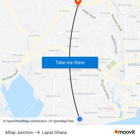 Alhaji Junction to Lapaz Ghana map