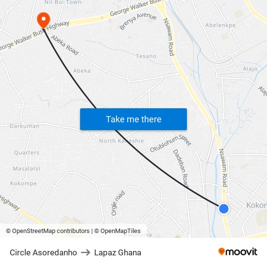 Circle Asoredanho to Lapaz Ghana map
