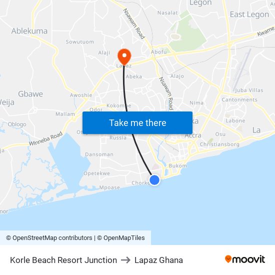 Korle Beach Resort Junction to Lapaz Ghana map