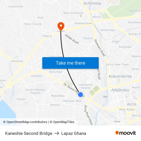 Kaneshie Second Bridge to Lapaz Ghana map