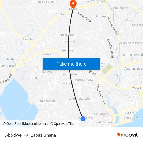 Abodwe to Lapaz Ghana map