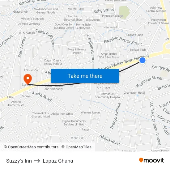 Suzzy's Inn to Lapaz Ghana map