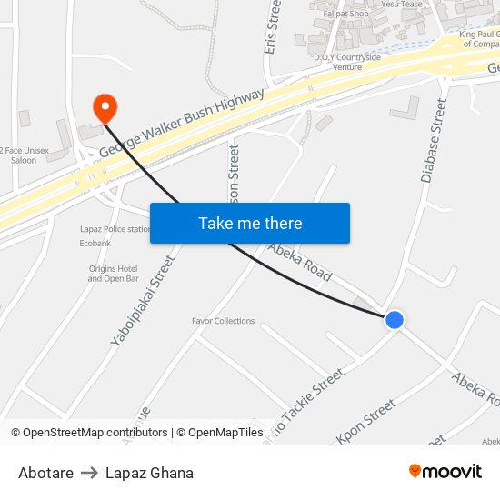 Abotare to Lapaz Ghana map