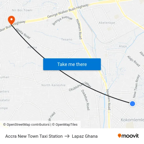 Accra New Town Taxi Station to Lapaz Ghana map
