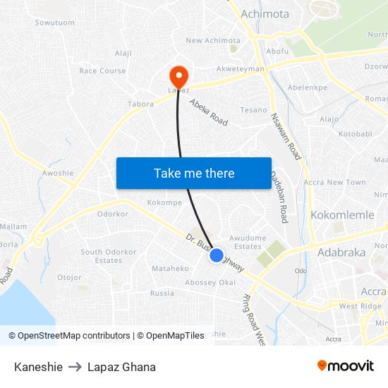 Kaneshie to Lapaz Ghana map