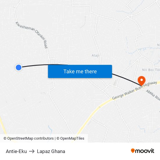 Antie-Eku to Lapaz Ghana map