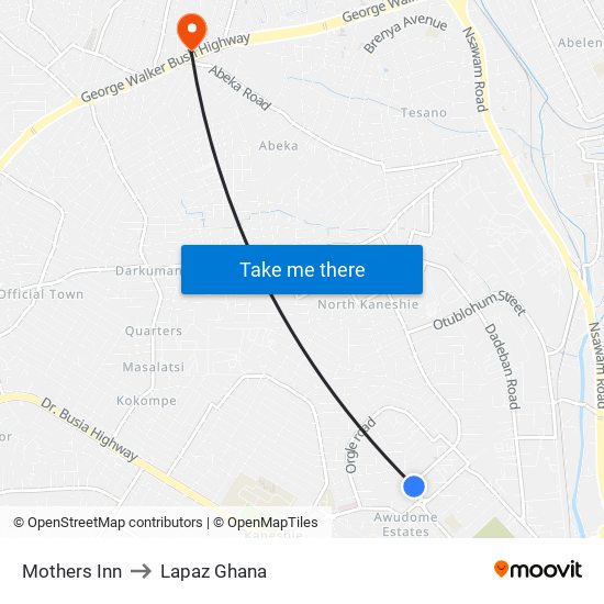 Mothers Inn to Lapaz Ghana map